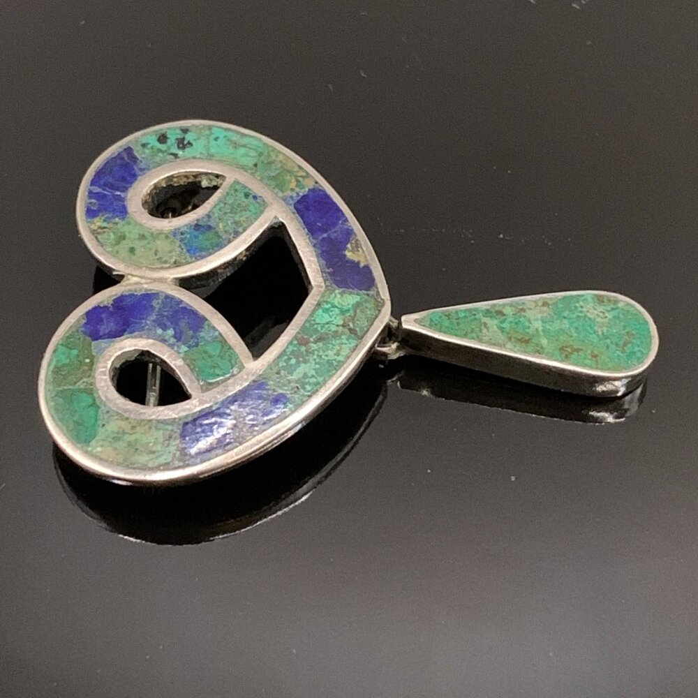 TAXCO Los Castillo Mexico Eagle 15 Heart Sterling Brooch Malachite Chrysocolla - Picture 4 of 10